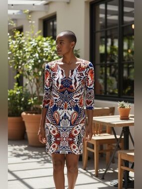 Haani Navy, Orange & White Printed Long Sleeve Shift Dress